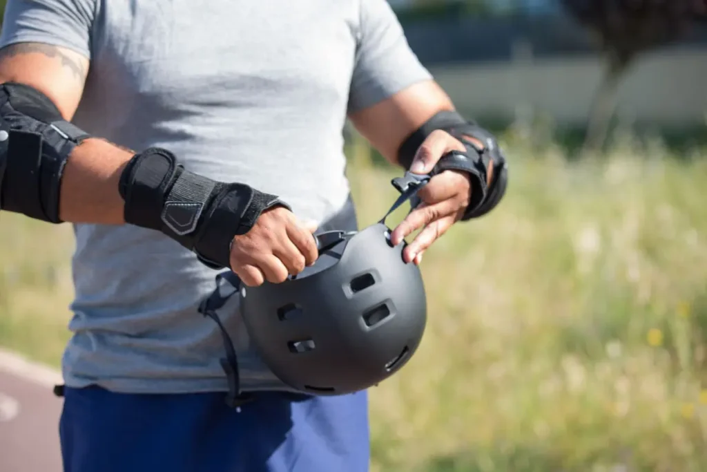 A man adjusting his helmet before skating