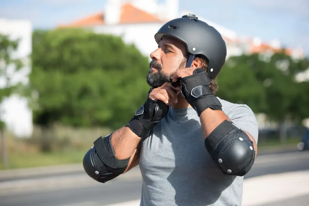 A man putting on skateboarding safety gear outdoors
