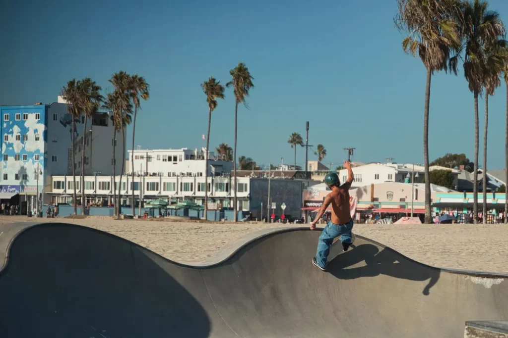 A skater at the Venice Beach skatepark with palm trees behind