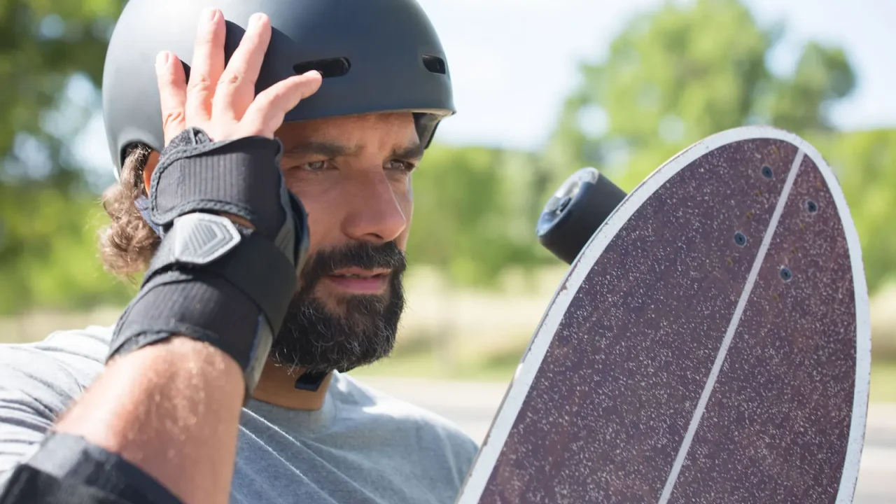 A man adjusting his helmet while holding a skateboard