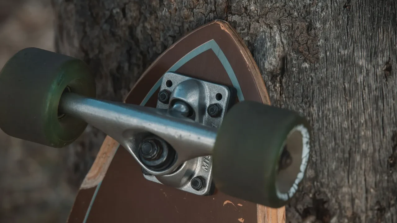 Close-up of a skateboard truck and wheel